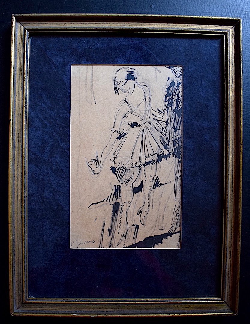 Drawing Feather Ink Art Deco Dancer 1940s Signed To Identify XXrt692-photo-5