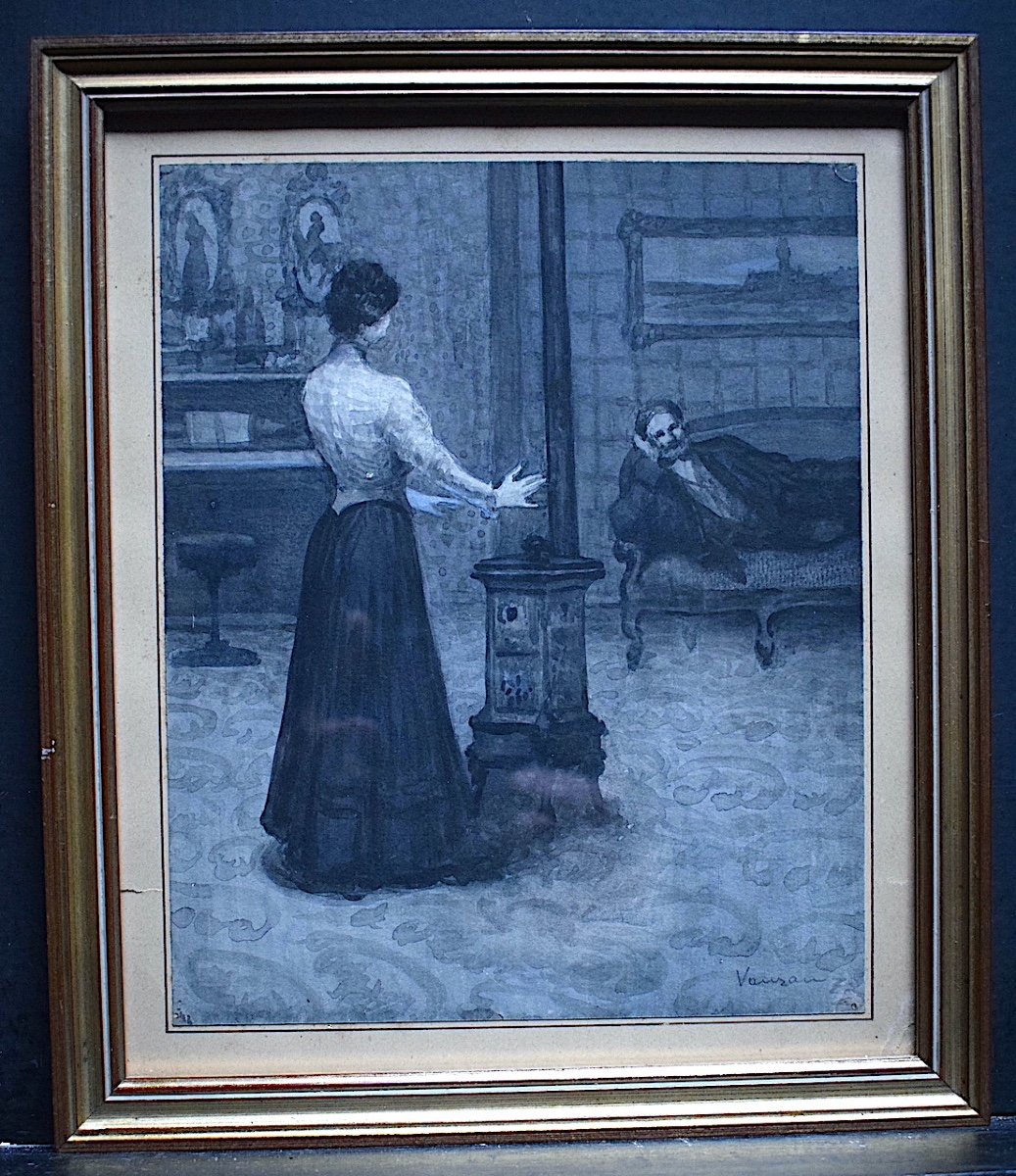 Signed Drawings Watercolor Lavis Grisaille Interior Scene Signed Vauzan XIX XX Rt702-photo-2