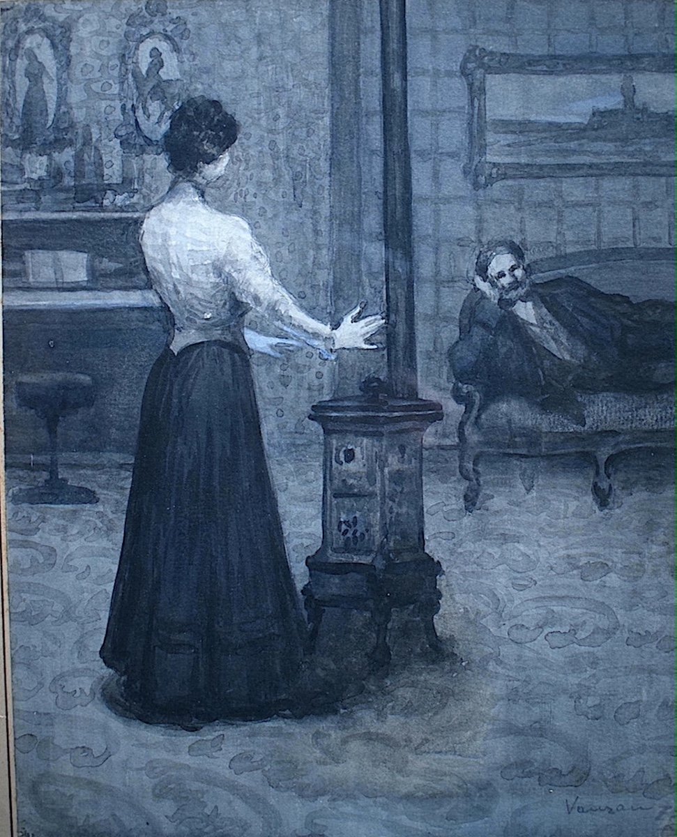 Signed Drawings Watercolor Lavis Grisaille Interior Scene Signed Vauzan XIX XX Rt702-photo-3