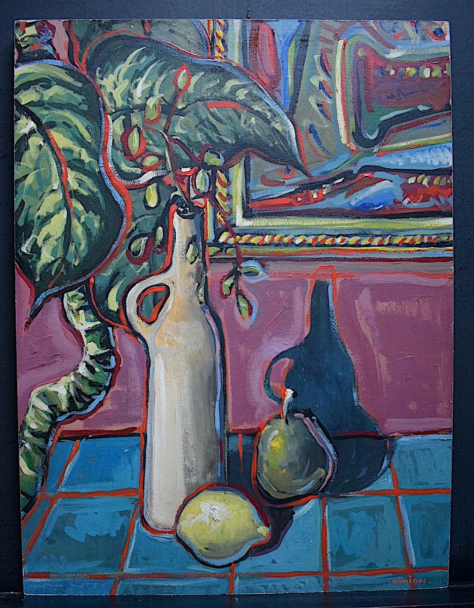 Signé DANION Art Contemporain Nature Morte Fruits  Fleurs  XX RT713