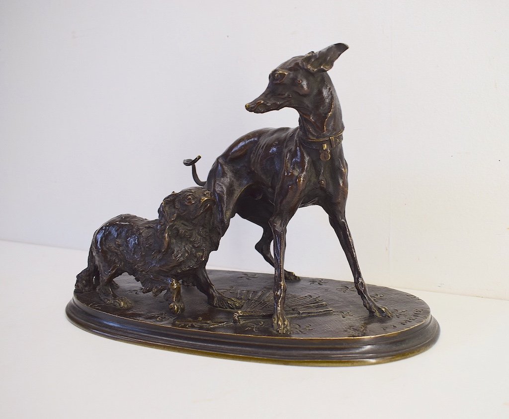 Pierre Jules Mène Group In Bronze Greyhound Dogs King Charles With A Fan XIXth Ref779-photo-1