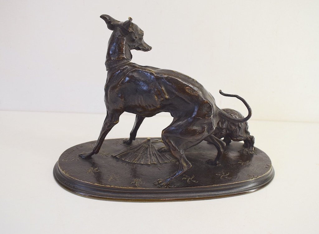 Pierre Jules Mène Group In Bronze Greyhound Dogs King Charles With A Fan XIXth Ref779-photo-2