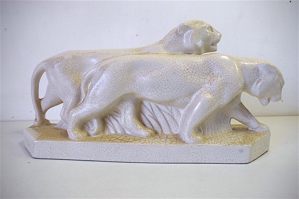 Sculpture Céramique Craquelé 2 Lionnes en Marche  Art Déco 1930 1950 Animalier Fauves Ref489-photo-2
