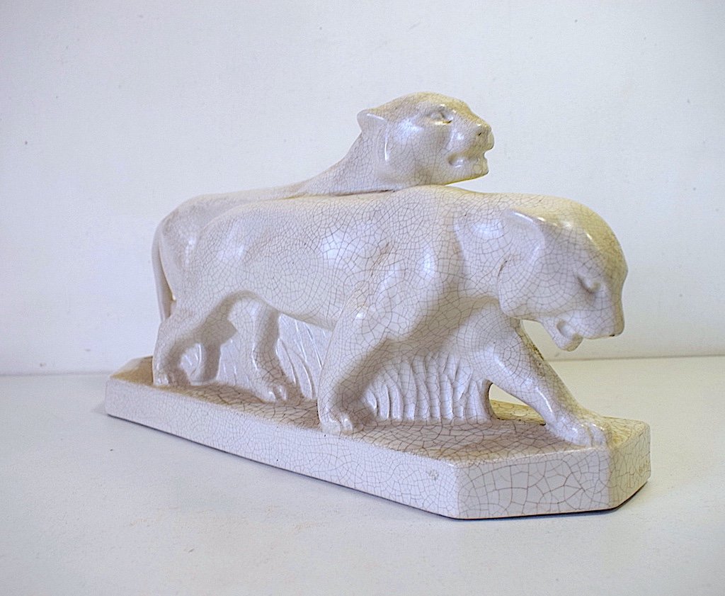 Sculpture Céramique Craquelé 2 Lionnes en Marche  Art Déco 1930 1950 Animalier Fauves Ref489-photo-3