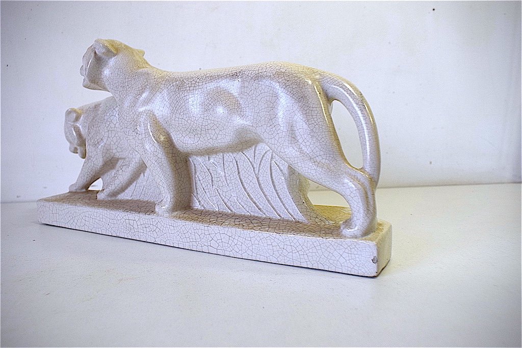 Sculpture Céramique Craquelé 2 Lionnes en Marche  Art Déco 1930 1950 Animalier Fauves Ref489-photo-1