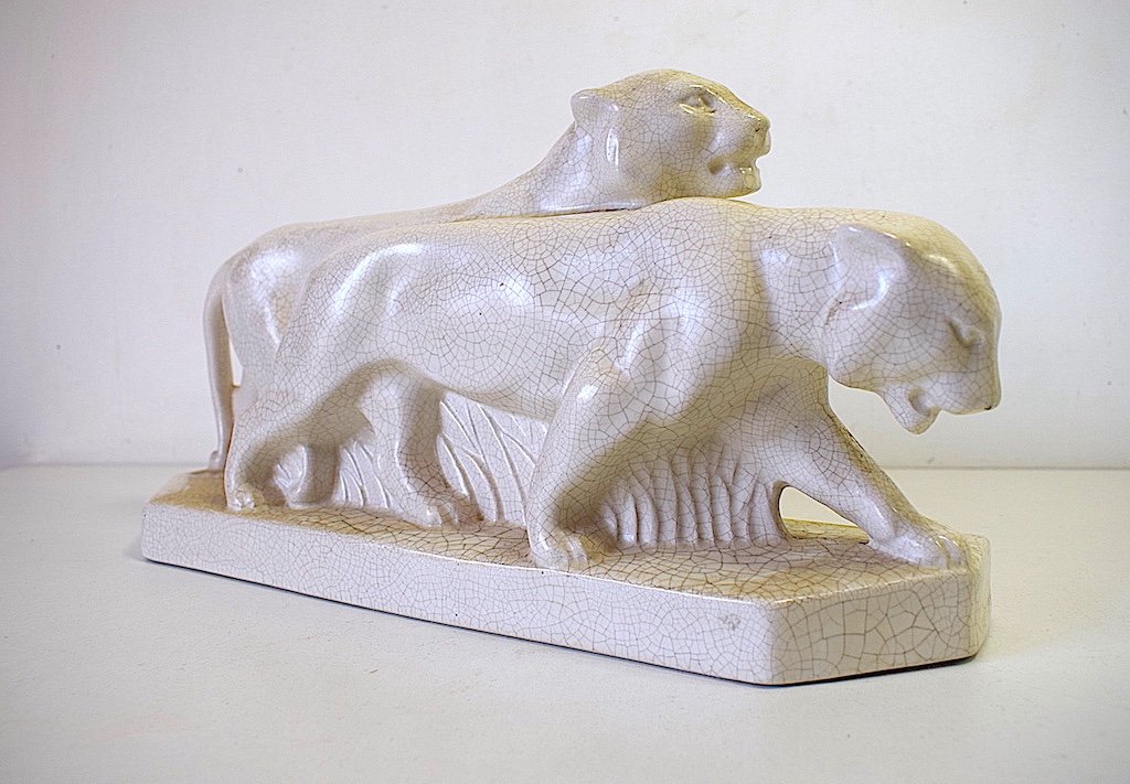 Sculpture Céramique Craquelé 2 Lionnes en Marche  Art Déco 1930 1950 Animalier Fauves Ref489-photo-6