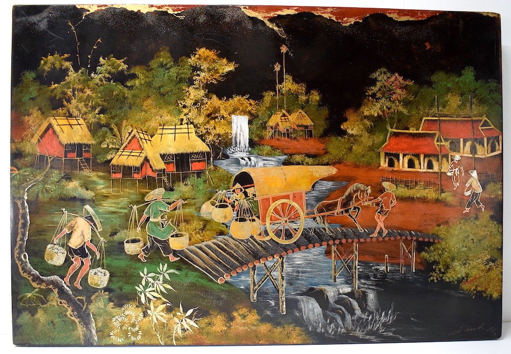 Thanh Lap Lacquer Panel Indochina Lively Peasant Scene Tonkin Vietnam Asia Ref494