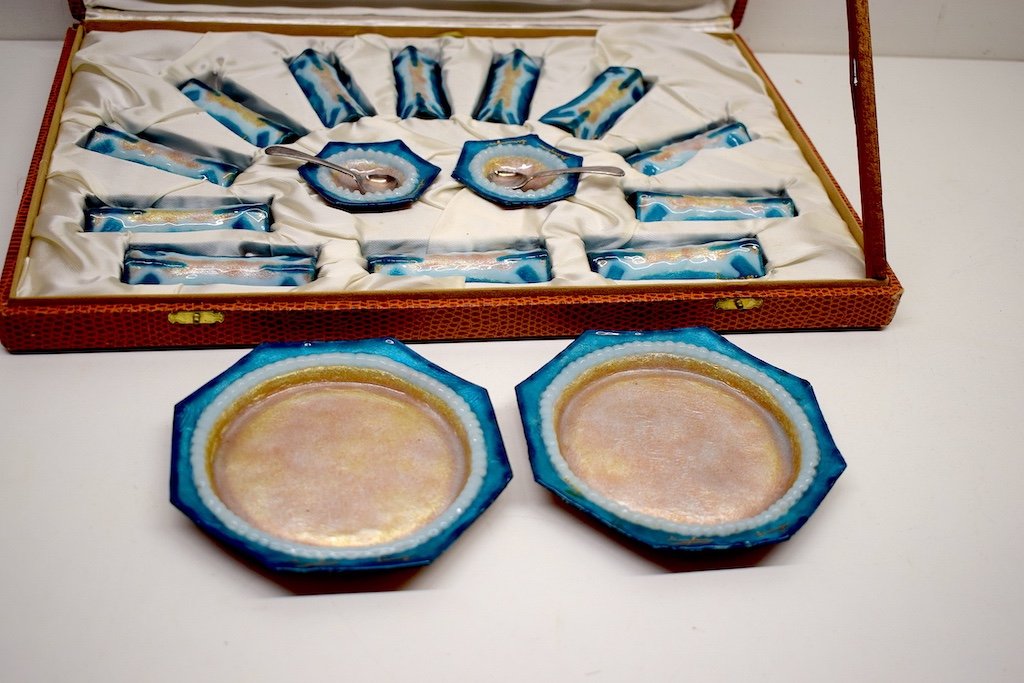 Emaux Limoges  Copper Signed Marylou  Knife Holder Salt Salad And Cups 1950 1960 Ref497-photo-4