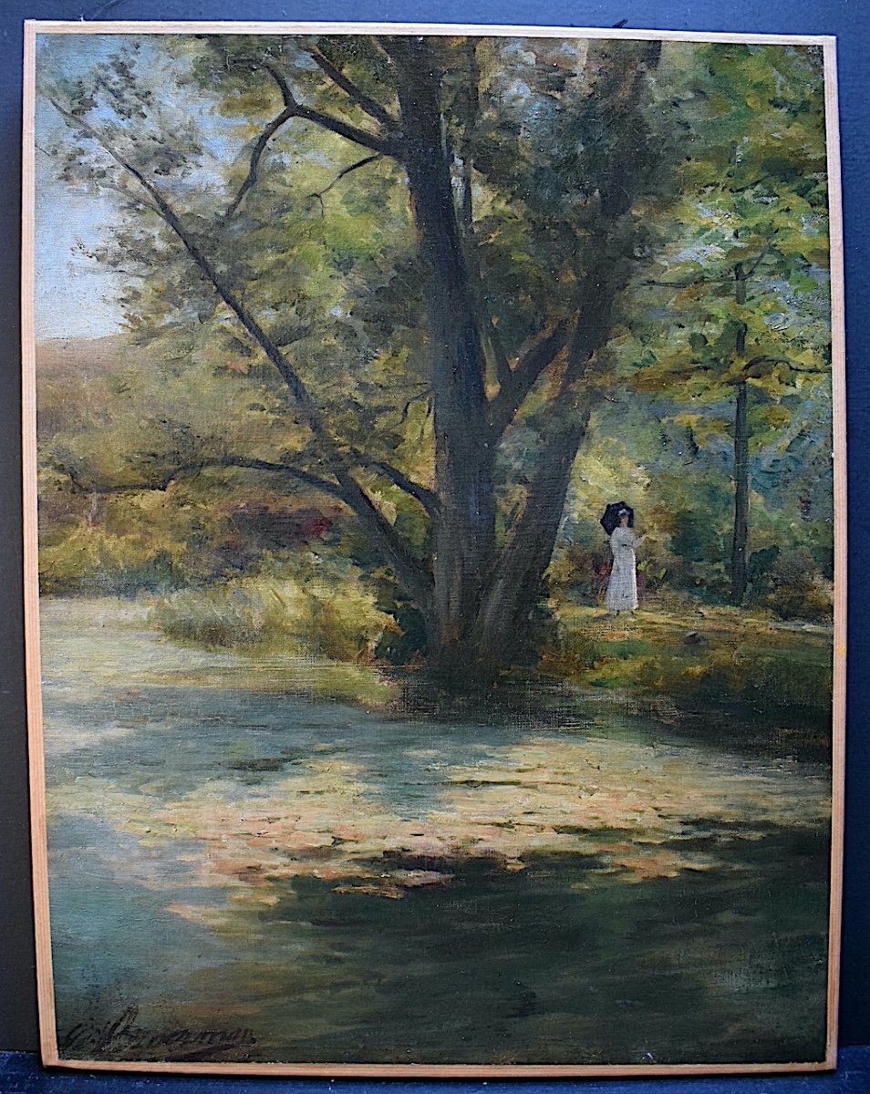 Eugène Broerman Scène de genre Femme à l'ombrelle Impressionniste belge XIX RT752-photo-6