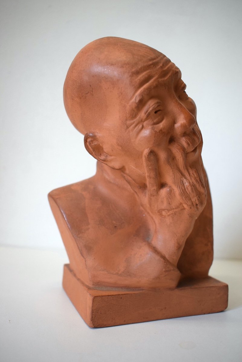 Gaston Hauchecorne Terracotta Bust Of Smiling Chinese Scholar With Long Beard Ref541-photo-2