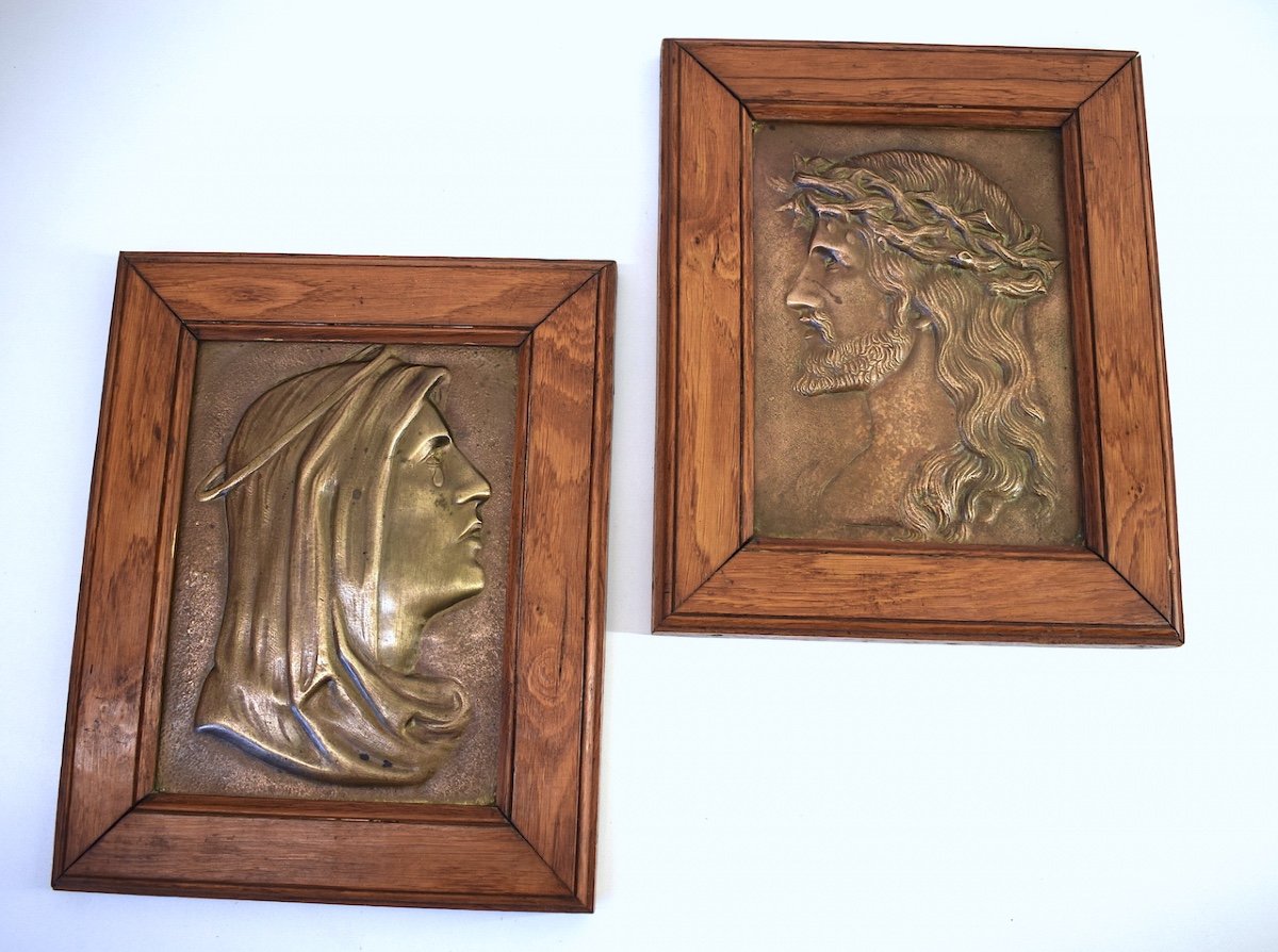 Two Bas Relief In Bronze Jesus Christ And The Virgin Mary XIXth Century Christianity Ref543