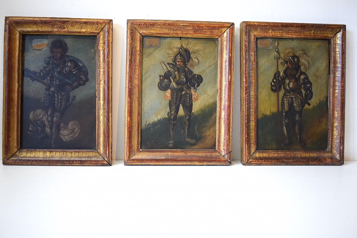 Three Knights Soldiershaute époque In Armor Oils On Wood XVII XVIII  Ref545-photo-3