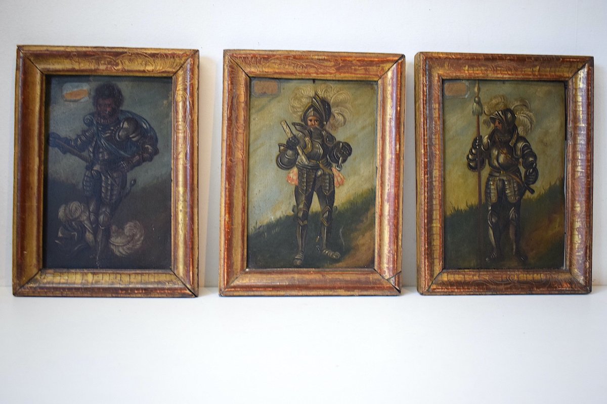 Three Knights Soldiershaute époque In Armor Oils On Wood XVII XVIII  Ref545-photo-4