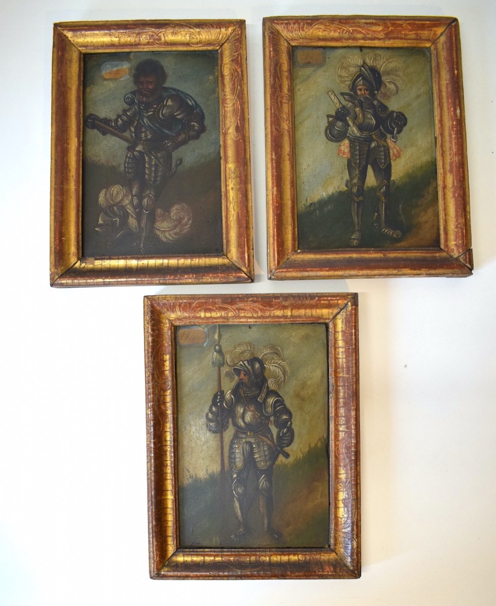 Three Knights Soldiershaute époque In Armor Oils On Wood XVII XVIII  Ref545