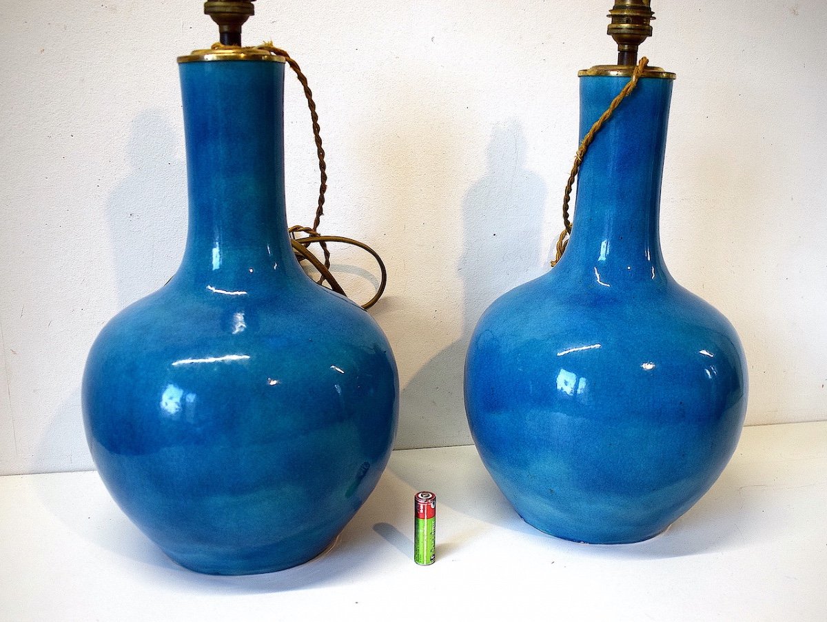 * Paire De Lampes  Chinoises vases  En Céramique Bleus Chine  Style Deck  Chinese Asie  Ref547 -photo-3