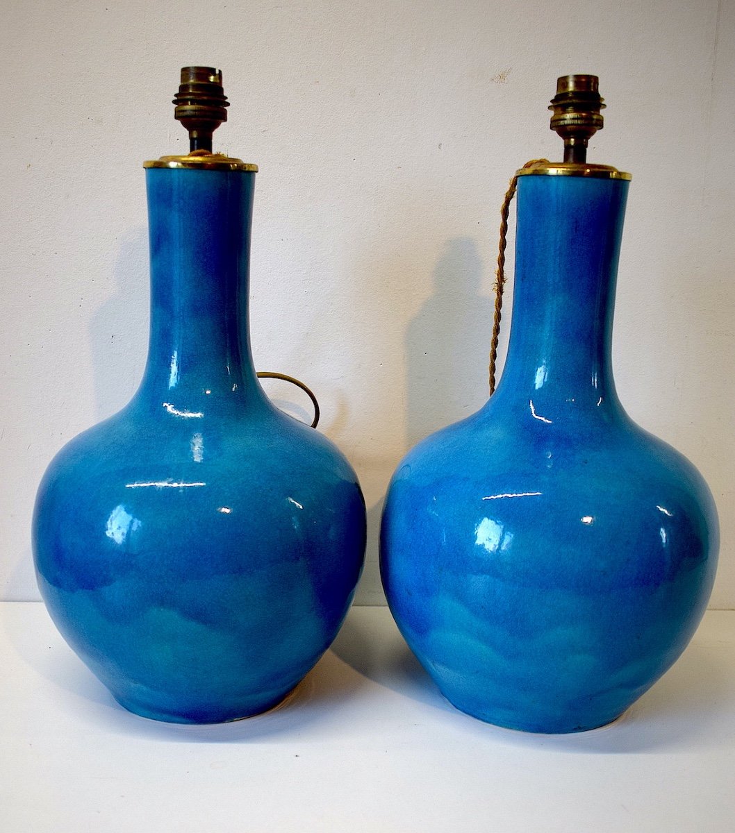 * Paire De Lampes  Chinoises vases  En Céramique Bleus Chine  Style Deck  Chinese Asie  Ref547 -photo-4