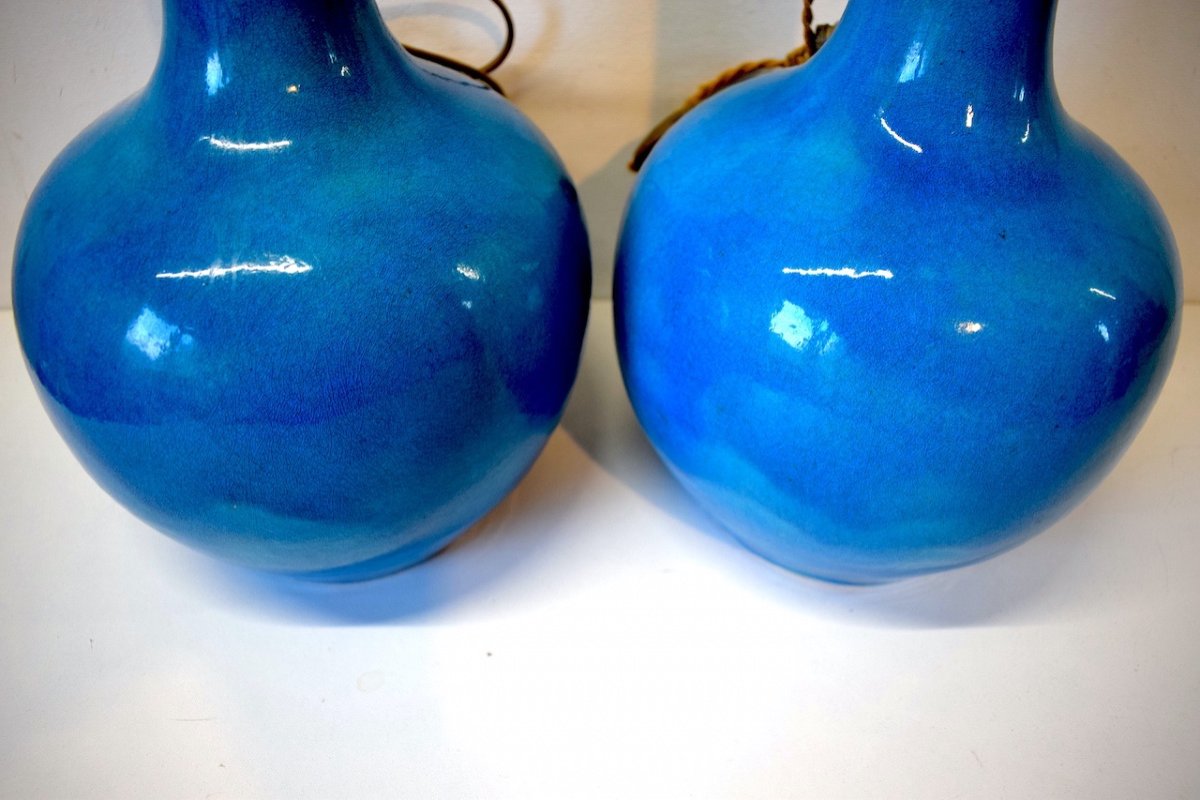 * Paire De Lampes  Chinoises vases  En Céramique Bleus Chine  Style Deck  Chinese Asie  Ref547 -photo-1