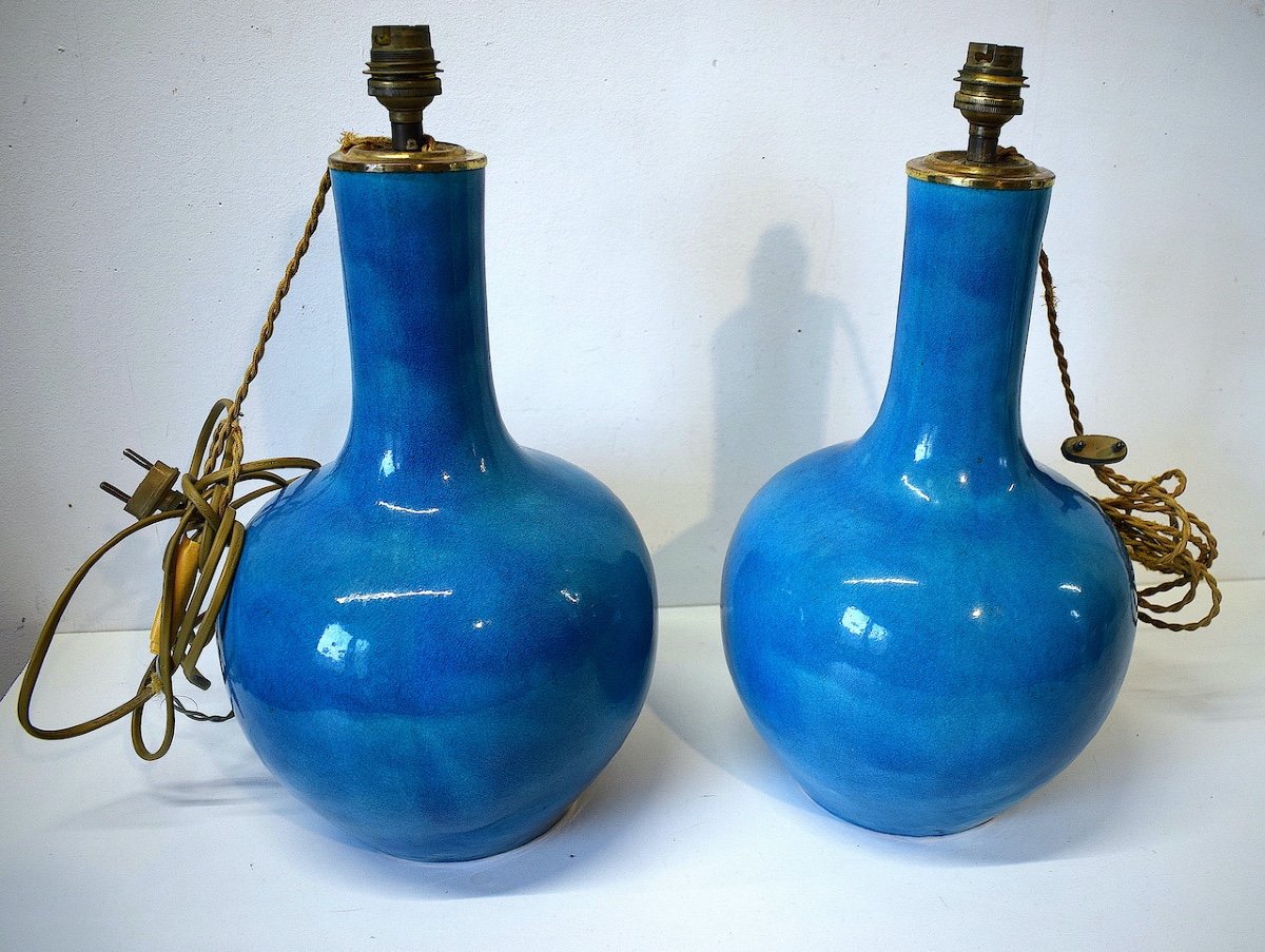* Paire De Lampes  Chinoises vases  En Céramique Bleus Chine  Style Deck  Chinese Asie  Ref547 -photo-2