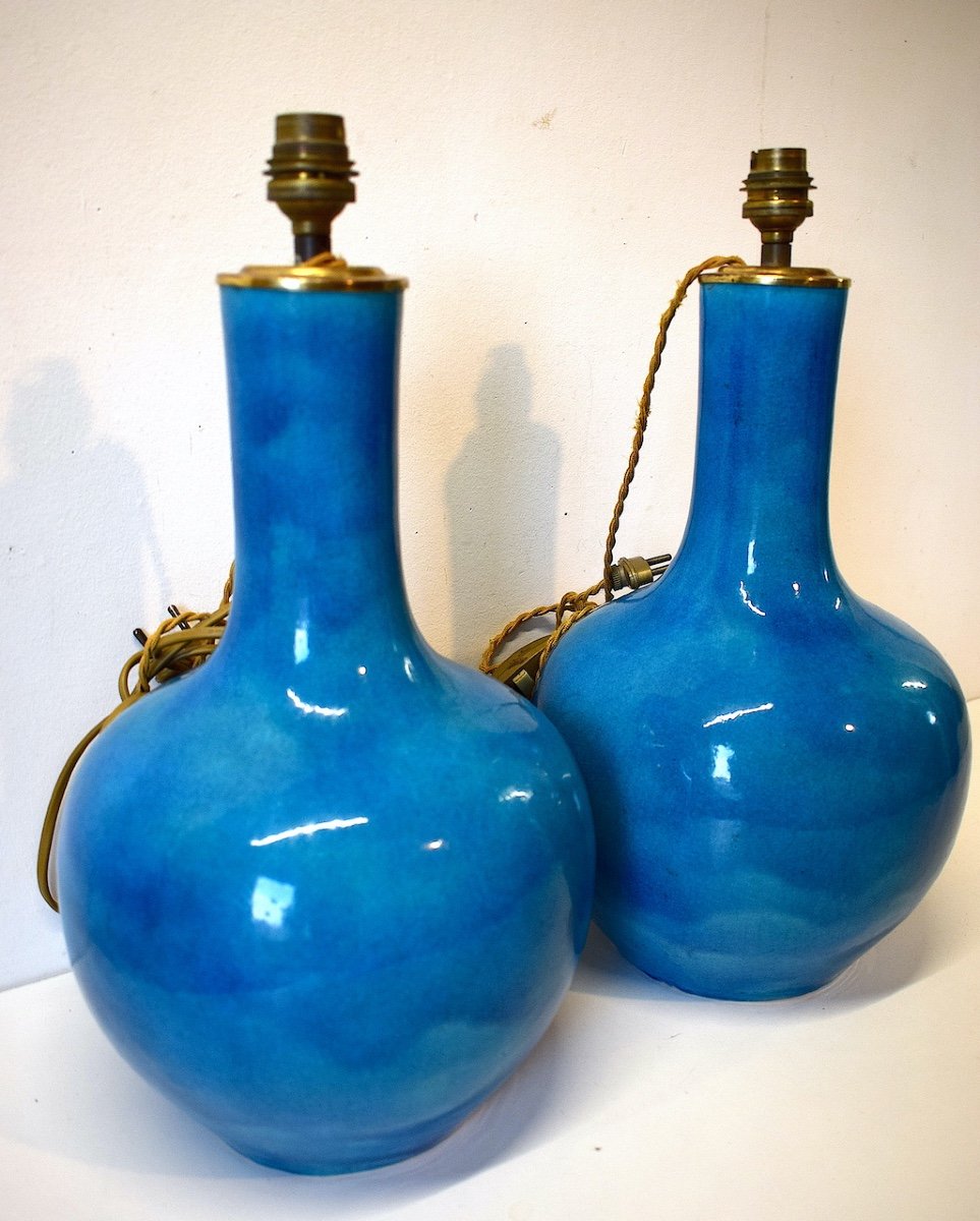 * Paire De Lampes  Chinoises vases  En Céramique Bleus Chine  Style Deck  Chinese Asie  Ref547 -photo-3