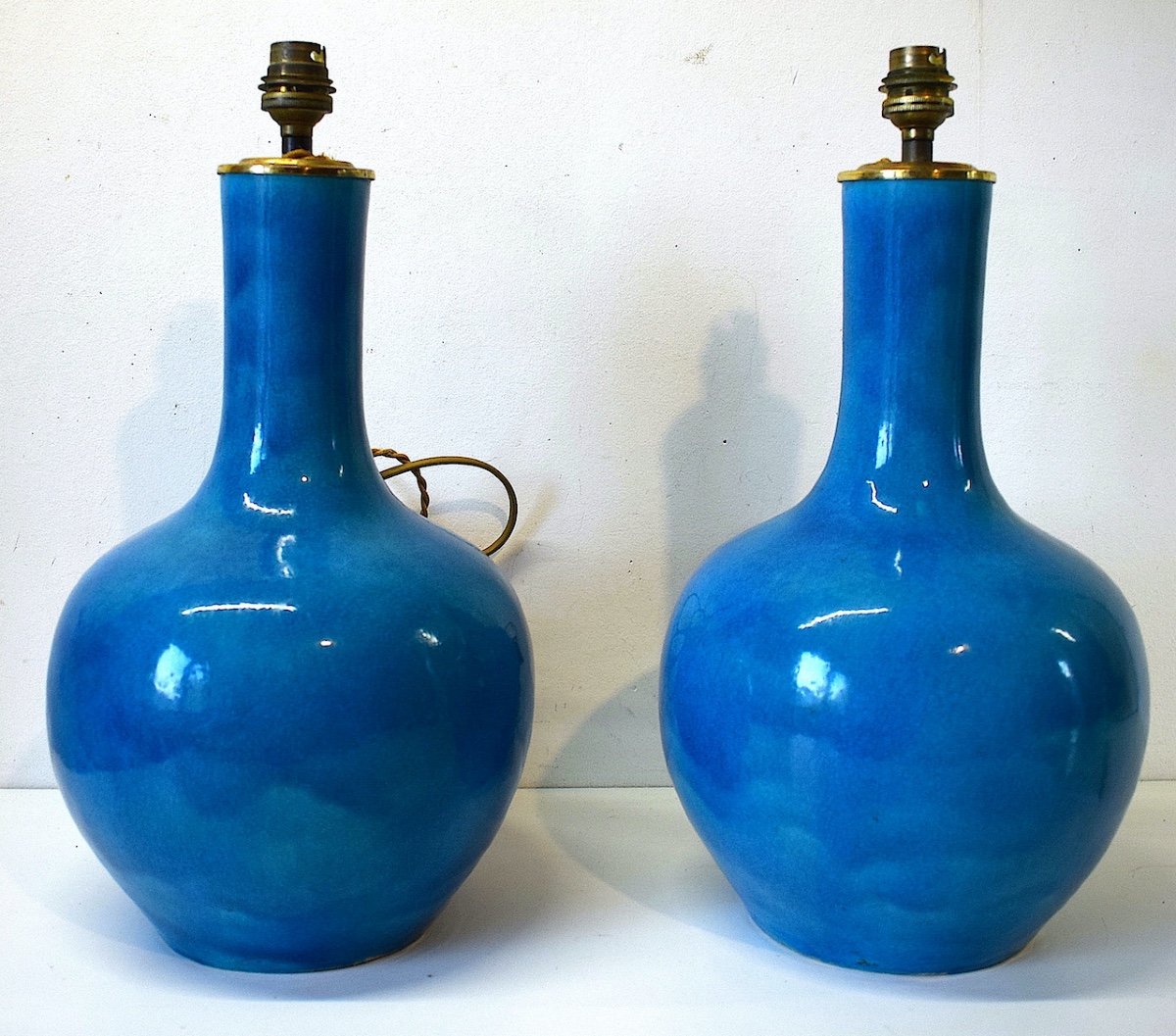 * Paire De Lampes  Chinoises vases  En Céramique Bleus Chine  Style Deck  Chinese Asie  Ref547 -photo-8