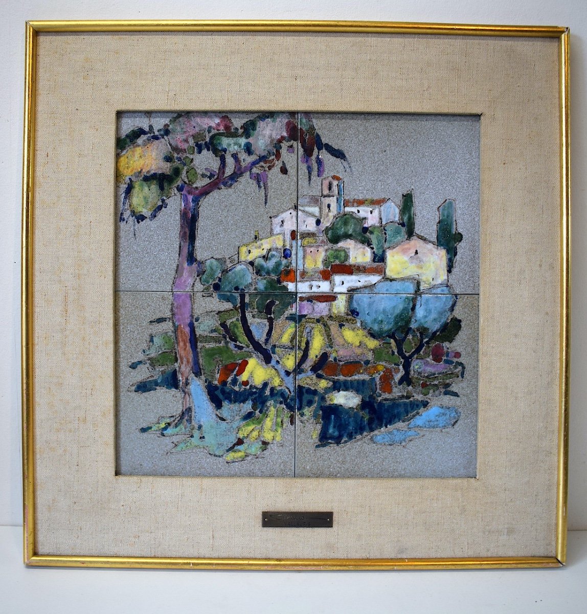 Louis Giraud View Of The Village Of Vallauris 1950 Ceramic Tiles Framed Fauve Style Ref549-photo-2