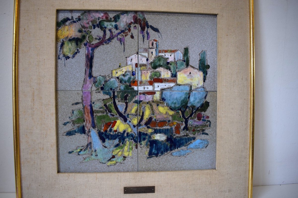 Louis Giraud View Of The Village Of Vallauris 1950 Ceramic Tiles Framed Fauve Style Ref549-photo-4