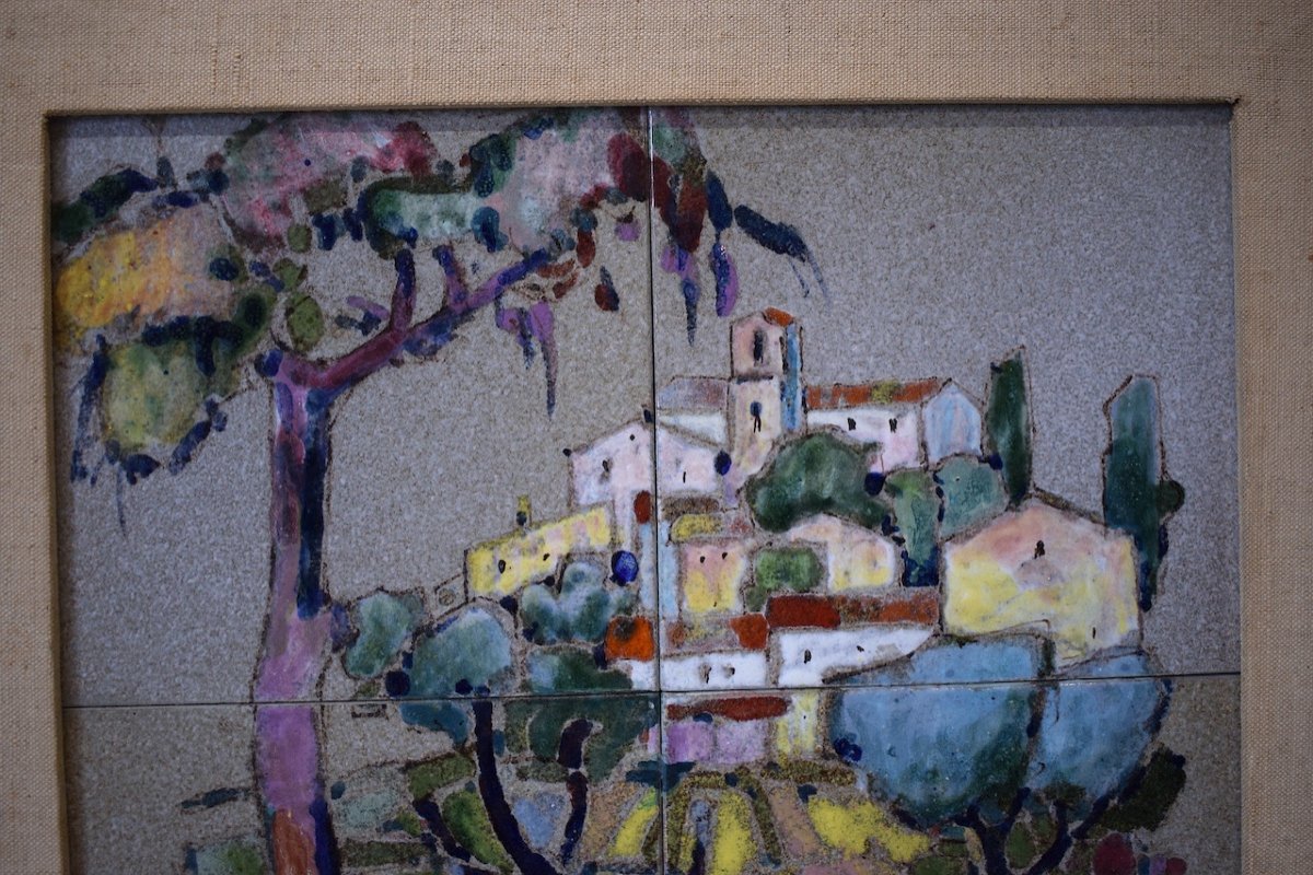 Louis Giraud View Of The Village Of Vallauris 1950 Ceramic Tiles Framed Fauve Style Ref549-photo-2