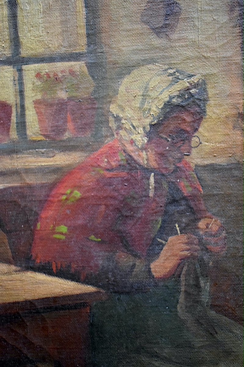 XIX Genre Scene To Restore Interior Scene Child Knitter Rt845-photo-3