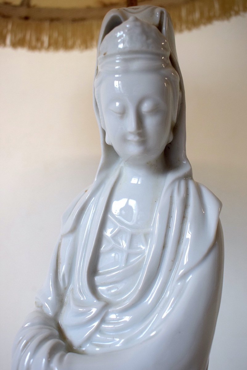 Kwan Yin Statue Lamp In White Porcelain Blanc De Chine Bronze Base China Asia Ref519-photo-2