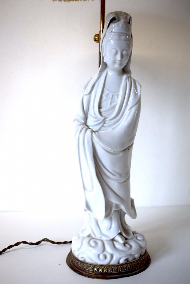 Kwan Yin Statue Lamp In White Porcelain Blanc De Chine Bronze Base China Asia Ref519-photo-4