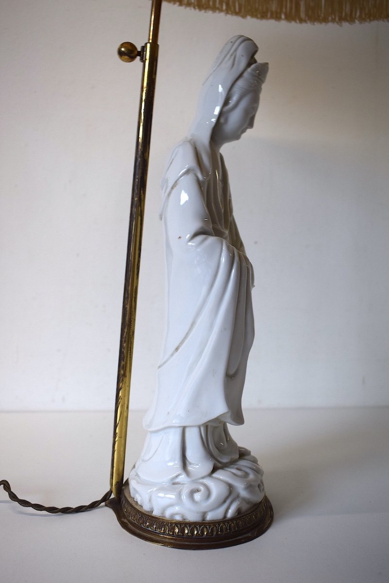 Kwan Yin Statue Lamp In White Porcelain Blanc De Chine Bronze Base China Asia Ref519-photo-1