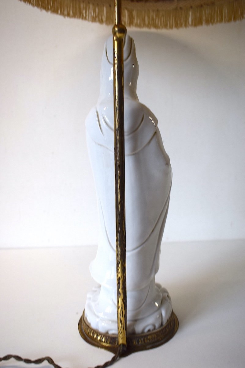 Kwan Yin Statue Lamp In White Porcelain Blanc De Chine Bronze Base China Asia Ref519-photo-2