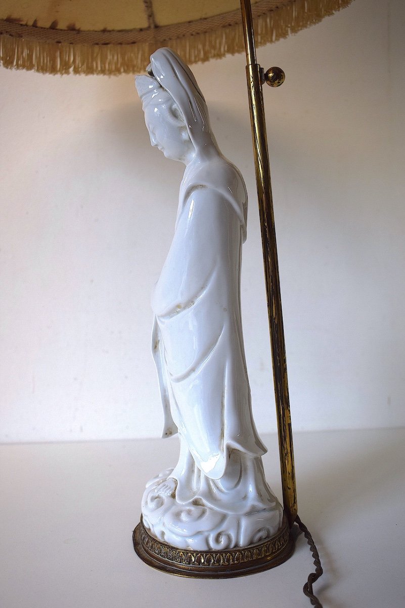 Kwan Yin Statue Lamp In White Porcelain Blanc De Chine Bronze Base China Asia Ref519-photo-3