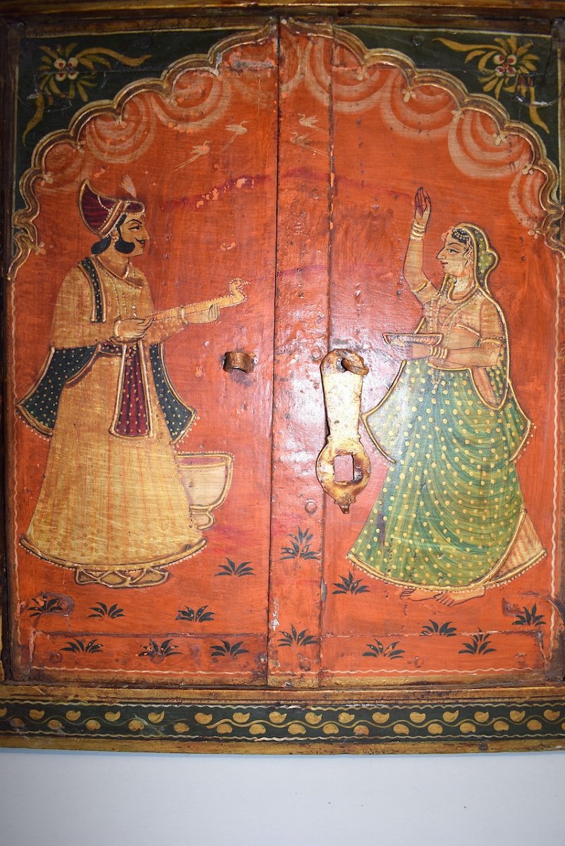 Rama And Sitâ India Rajasthan Polychrome Painted Wood Trompe l'Oeil Window Cupboard Ref522-photo-3