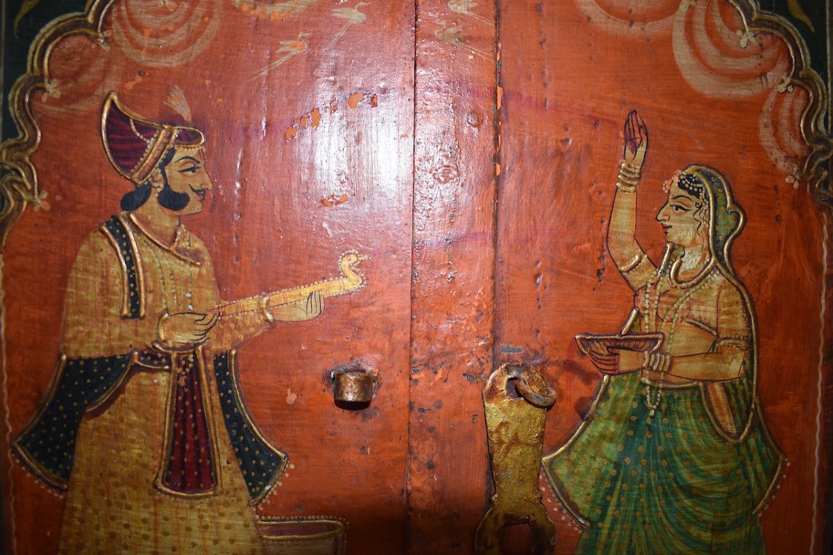 Rama And Sitâ India Rajasthan Polychrome Painted Wood Trompe l'Oeil Window Cupboard Ref522-photo-3