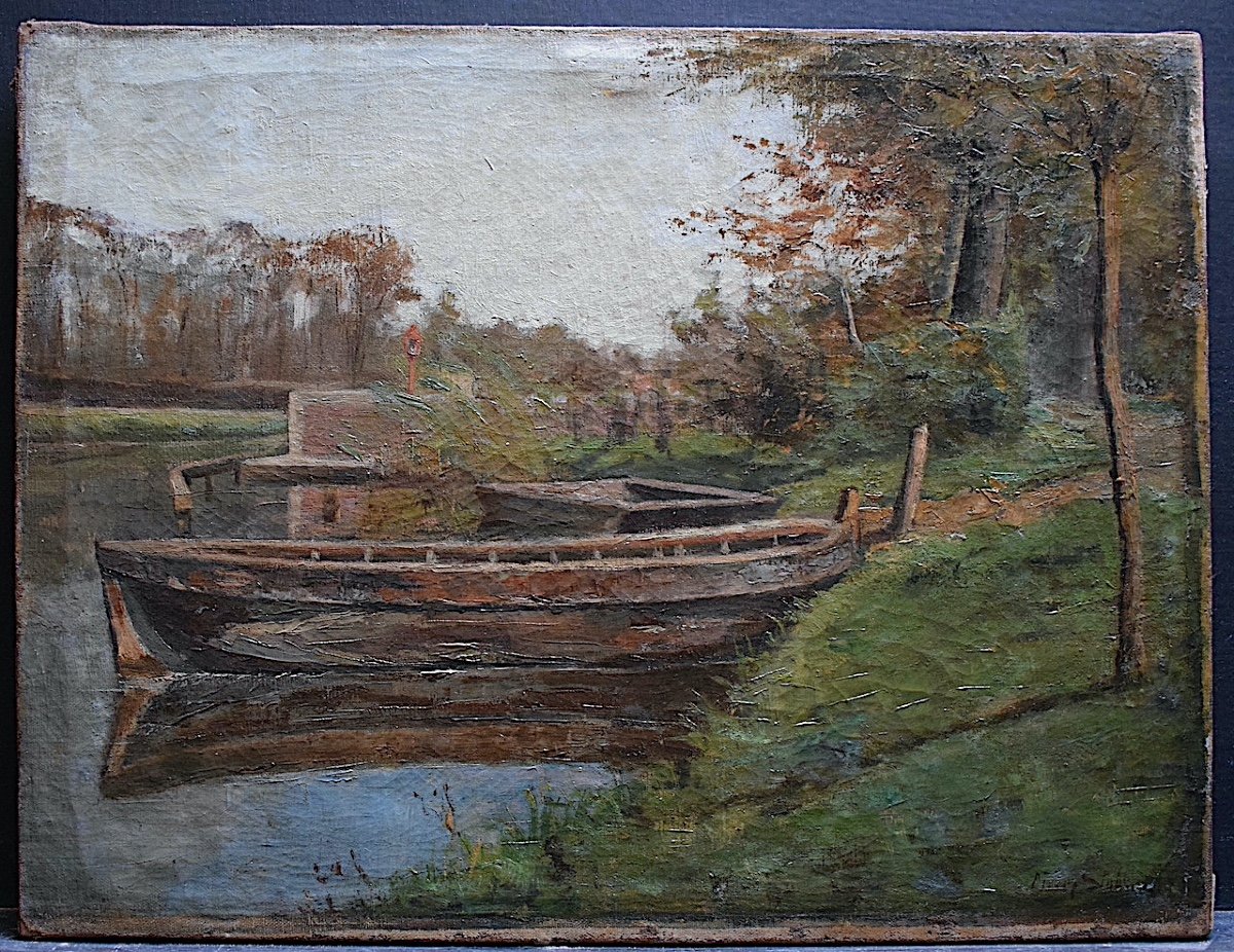 STOBBAERTS PIETER signé Paysage Impressionniste belge  Bateau Barque XIX RT868