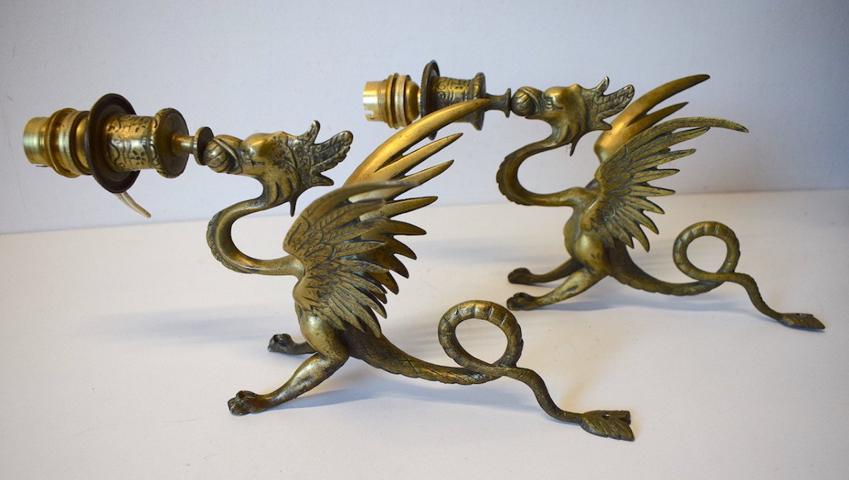 Pair Bronze Wall Sconces Candlestick With Dragon Or Chimera Napoleon III Ref 553-photo-2