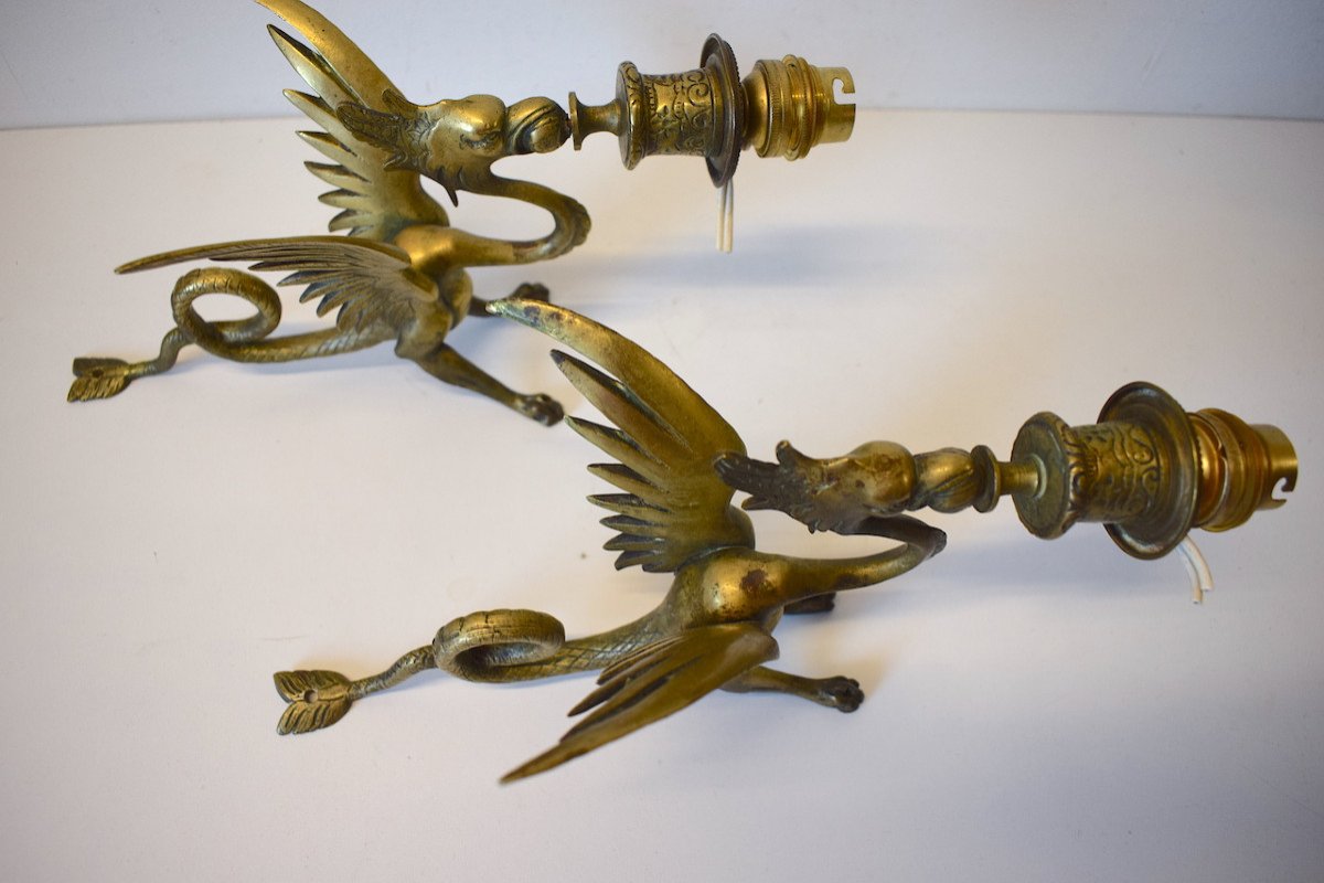 Pair Bronze Wall Sconces Candlestick With Dragon Or Chimera Napoleon III Ref 553-photo-3