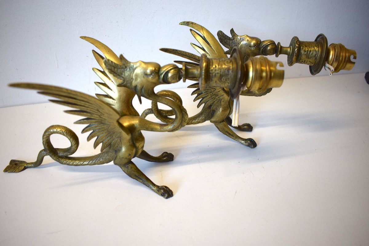 Pair Bronze Wall Sconces Candlestick With Dragon Or Chimera Napoleon III Ref 553-photo-4