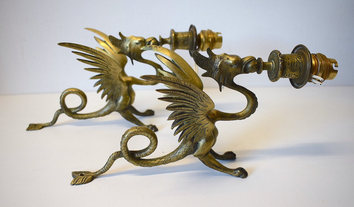 Pair Bronze Wall Sconces Candlestick With Dragon Or Chimera Napoleon III Ref 553-photo-5