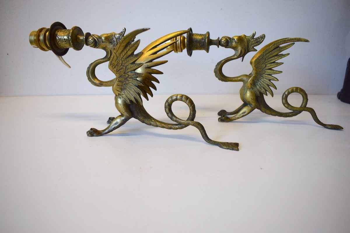 Pair Bronze Wall Sconces Candlestick With Dragon Or Chimera Napoleon III Ref 553-photo-6