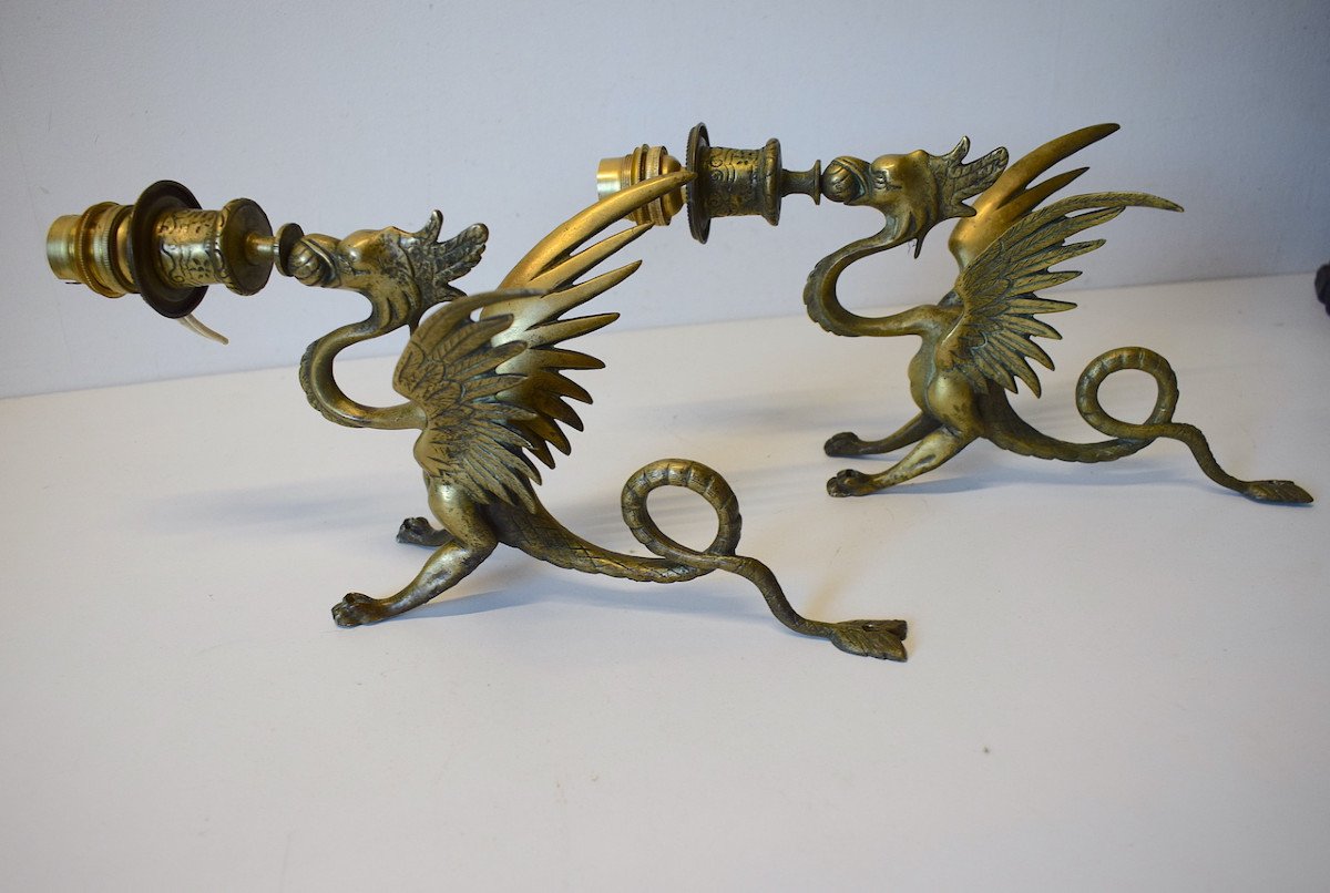 Paire Appliques Murales Bronze Bougeoir Au Dragon Ou Chim&egrave;re Napoleon III Ref 553-photo-7
