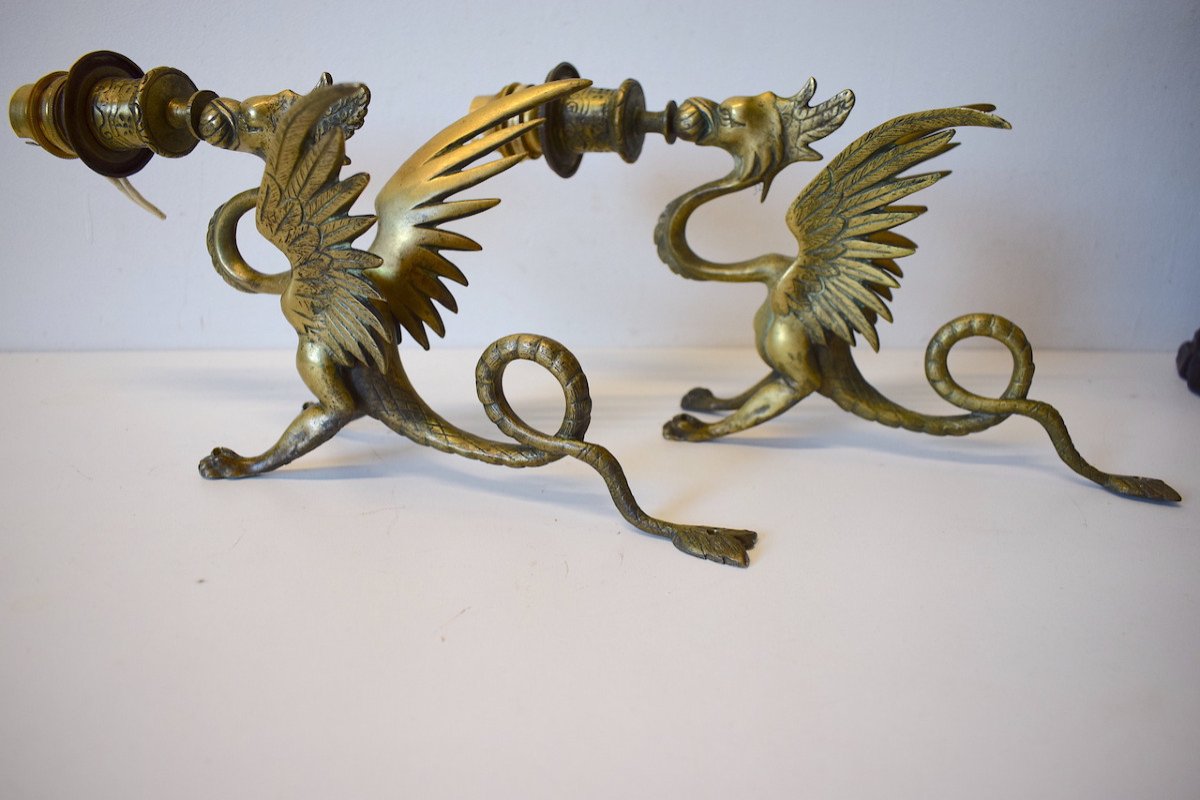 Pair Bronze Wall Sconces Candlestick With Dragon Or Chimera Napoleon III Ref 553-photo-8