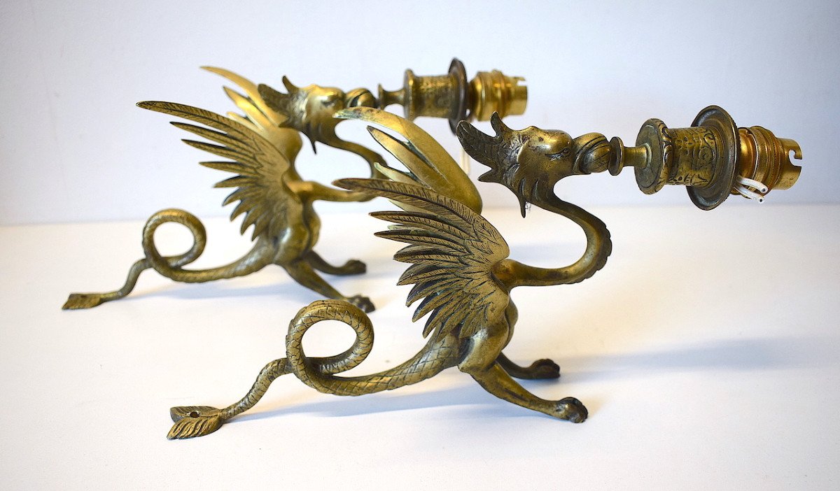 Pair Bronze Wall Sconces Candlestick With Dragon Or Chimera Napoleon III Ref 553