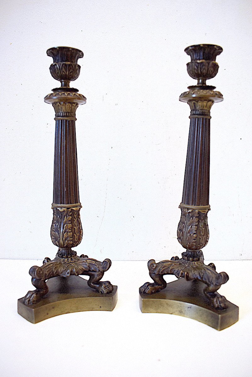 Paire De Bougeoirs En Bronze Pied Griffe époque Empire Restauration  Ref554-photo-7