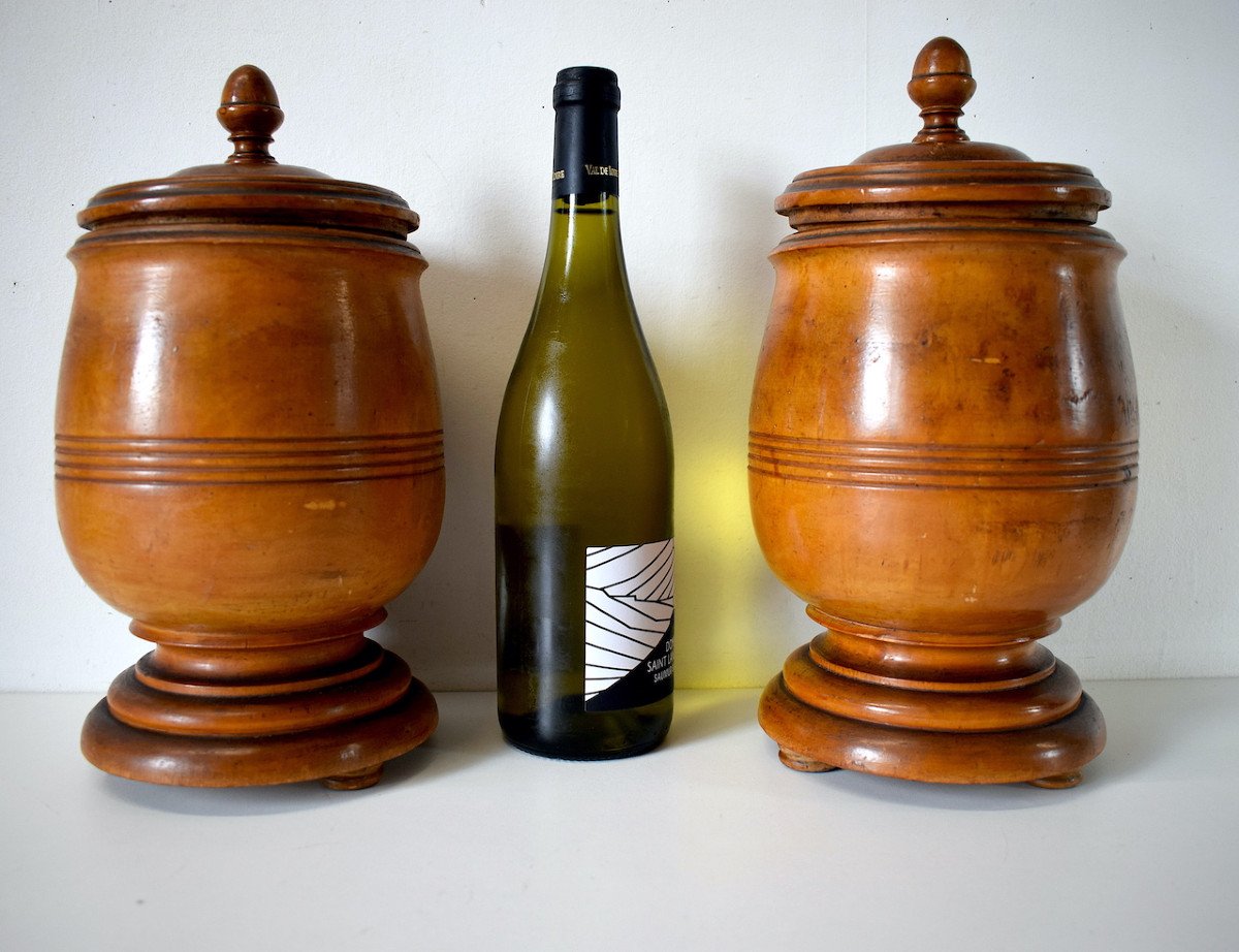Pair Of Covered Pots In Carved Turned Wood Pharmacy Herbalist Kitchen Ref560-photo-2