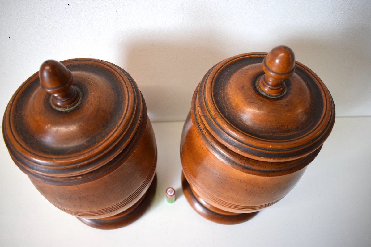 Pair Of Covered Pots In Carved Turned Wood Pharmacy Herbalist Kitchen Ref560-photo-2