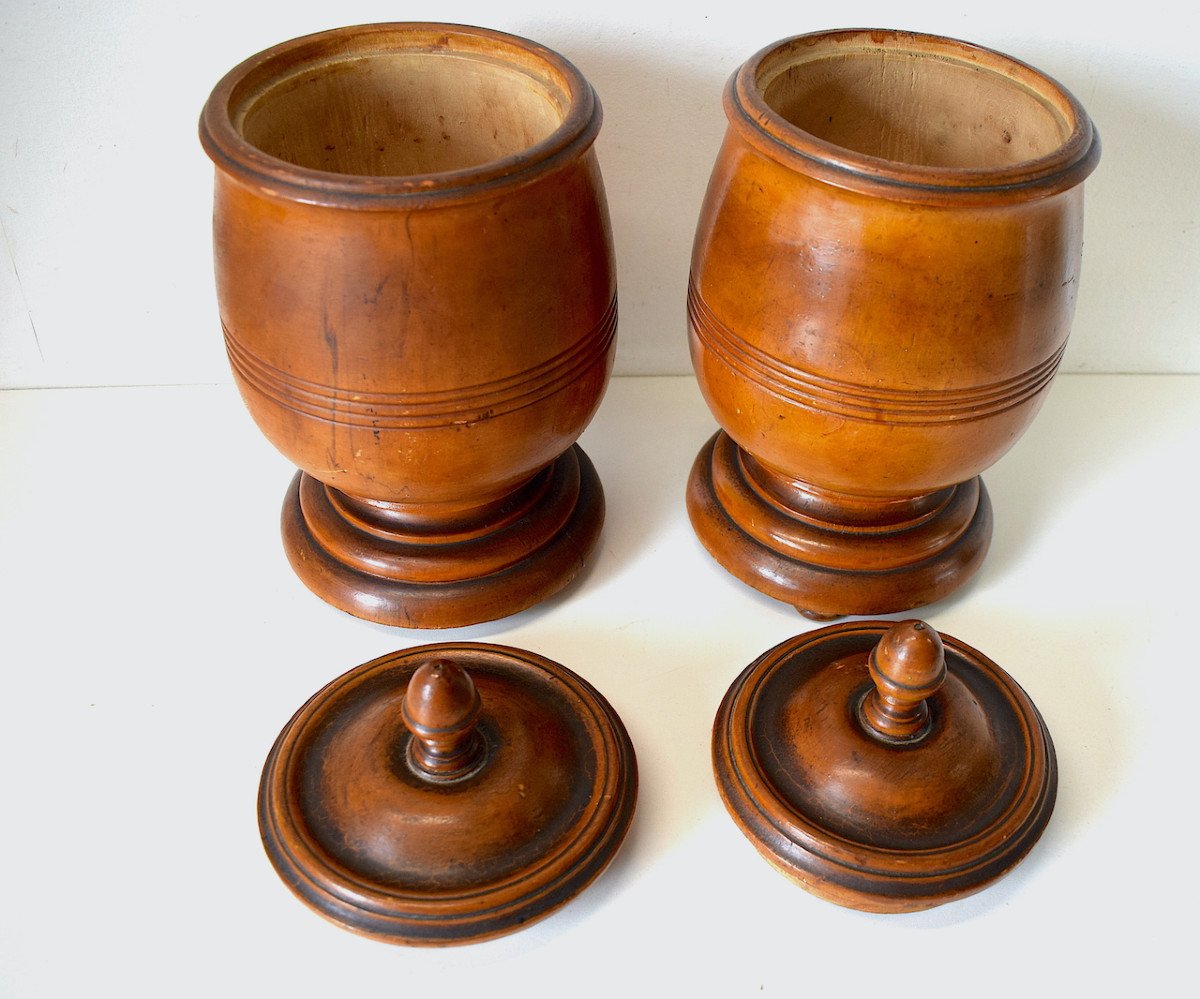 Pair Of Covered Pots In Carved Turned Wood Pharmacy Herbalist Kitchen Ref560-photo-5