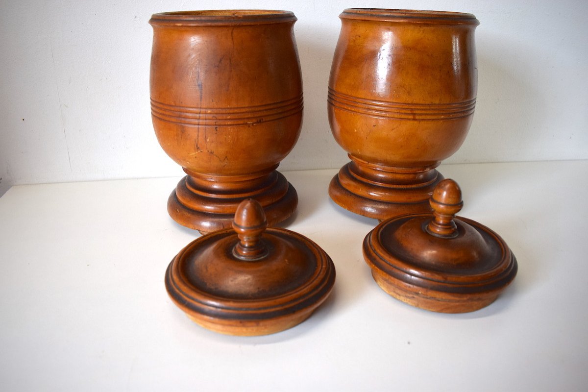 Pair Of Covered Pots In Carved Turned Wood Pharmacy Herbalist Kitchen Ref560-photo-8