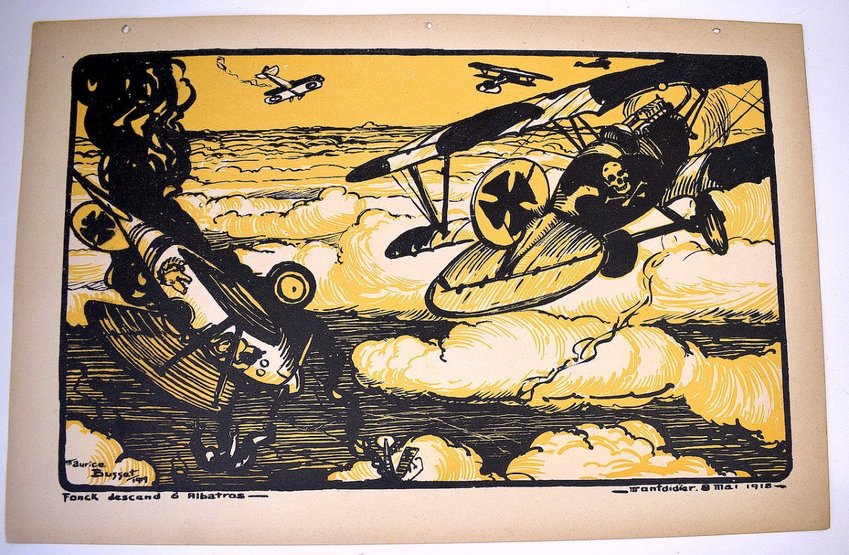 Print Maurice Busset Poster Lithograph Airplane Military Aviation War 1914 1918 Ref578